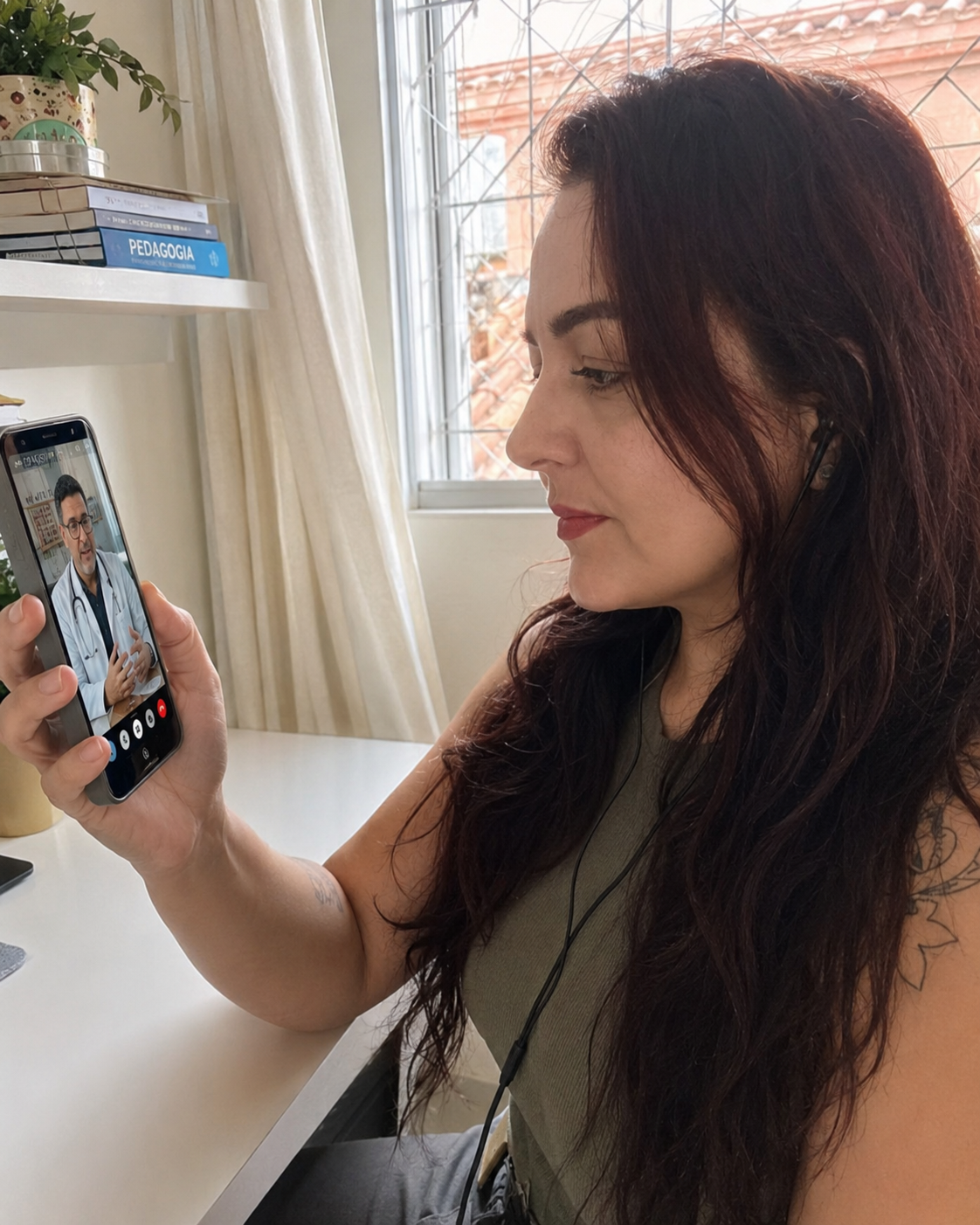Médica conversando calmamente com uma paciente em uma clínica clara